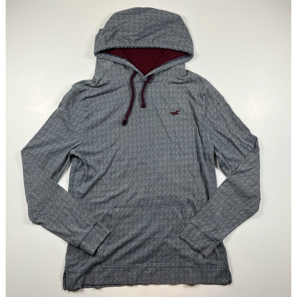 Hollister Mens Herringbone Hoodie Navy White Burgundy Hooded Pullover Size M
